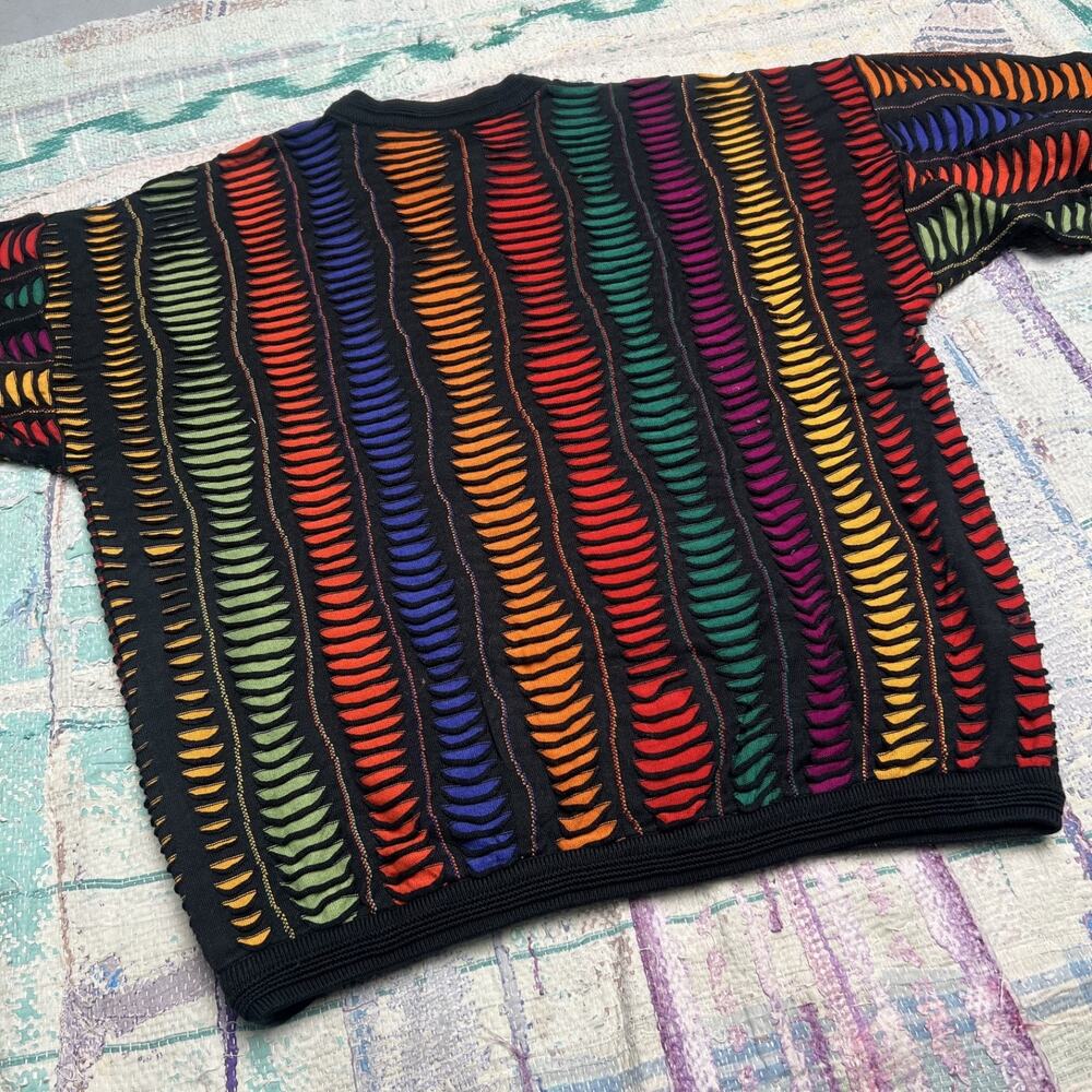 Tundra Canada 3-D Knit Vintage 90s Sweater Mens medium Colorful Coogi Style - Picture 2 of 11